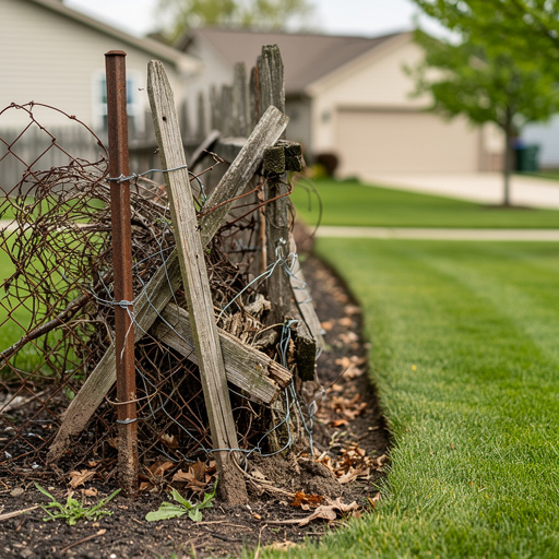 Old fence debris stacked along property boundary