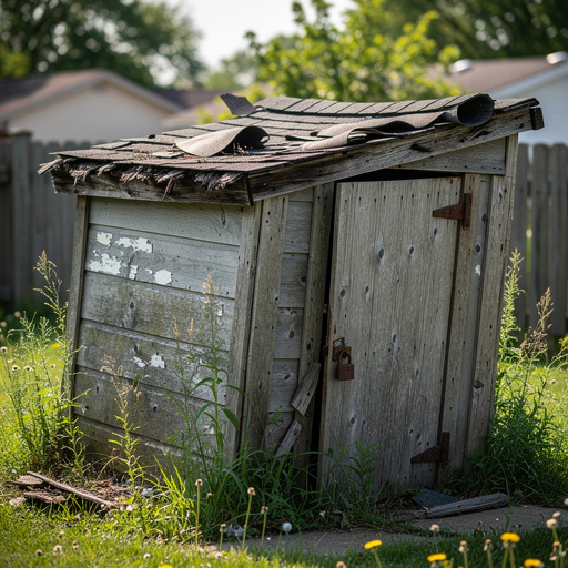 Old collapsing wooden shed in suburban backyard