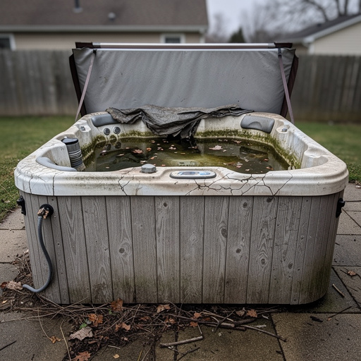 Neglected hot tub with torn cover on back patio