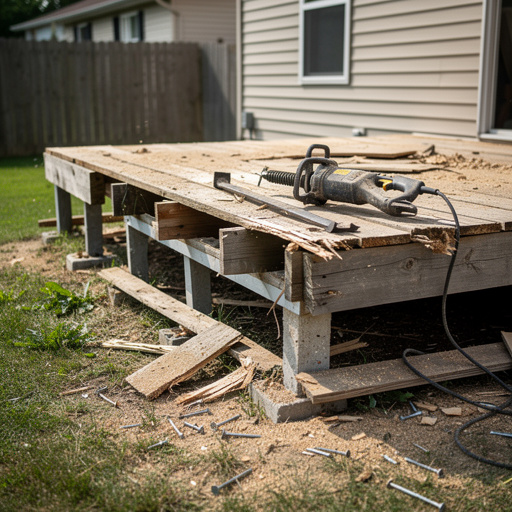 Partially demolished wooden deck ready for renovation