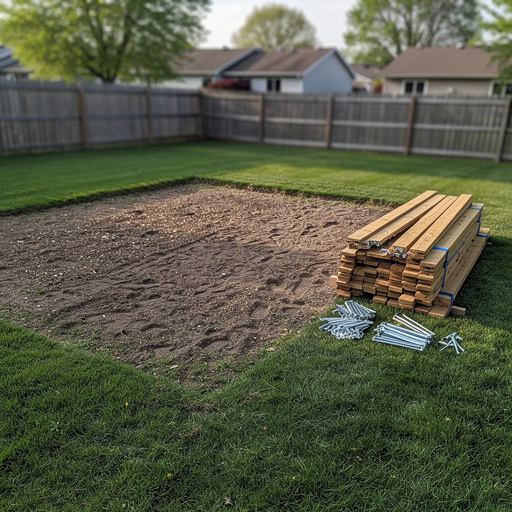 Disassembled playset lumber piled on grass