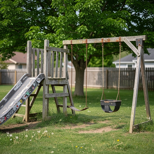 Old weathered wooden playset in suburban backyard