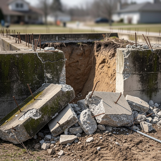 Old concrete foundation being removed with rebar exposed