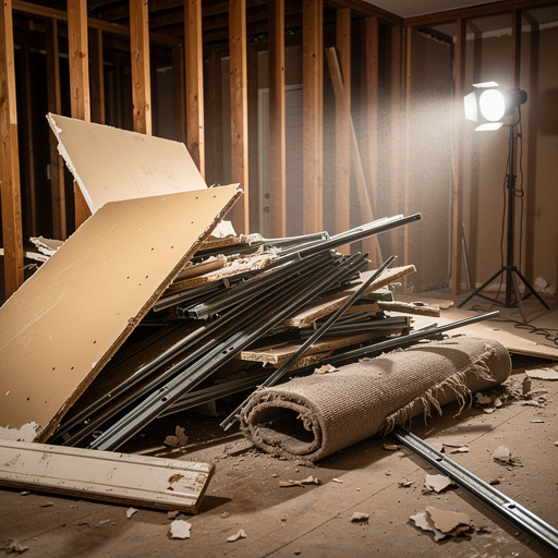Pile of renovation debris including drywall and carpet