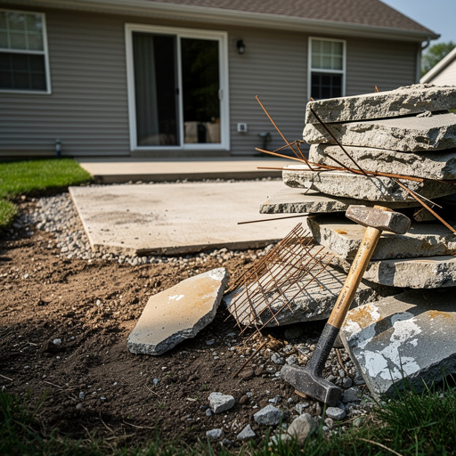 Demolished backyard concrete patio with stacked pieces