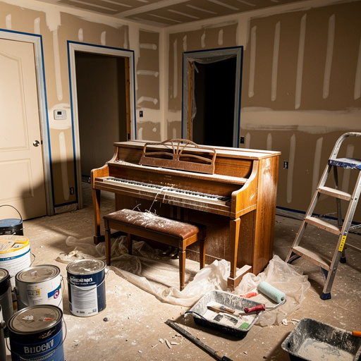 Piano in gutted room during home renovation