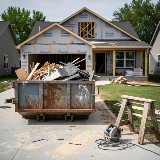 Construction dumpster loaded with lumber and drywall scraps