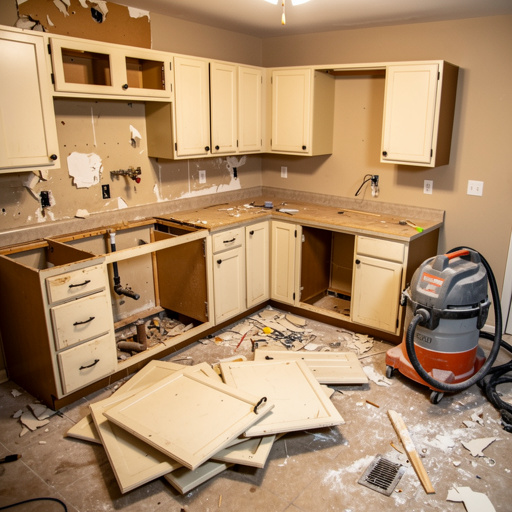 Kitchen mid-remodel with torn-out cabinets and debris