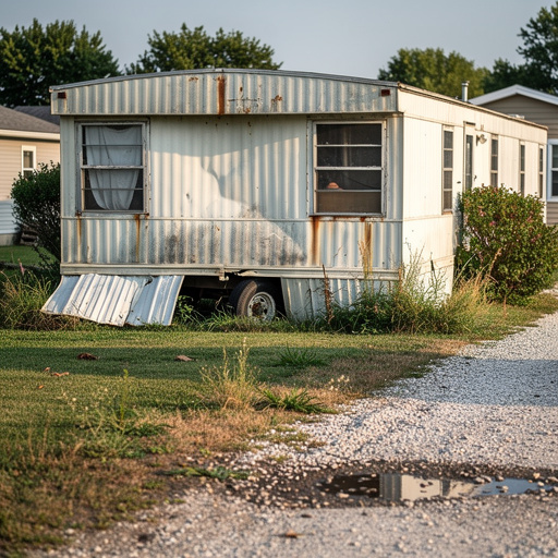 Old single-wide mobile home with faded siding