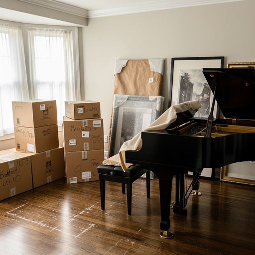 Baby grand piano surrounded by moving boxes