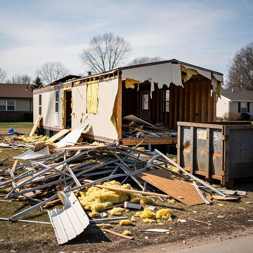 Mobile home mid-demolition with exposed framing