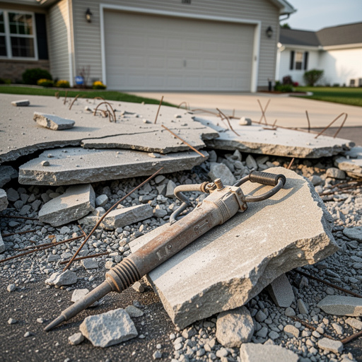 Concrete driveway being demolished with jackhammer