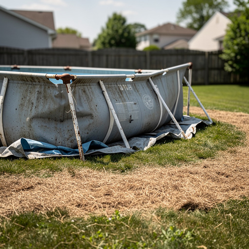 Above-ground pool being torn down with collapsed frame