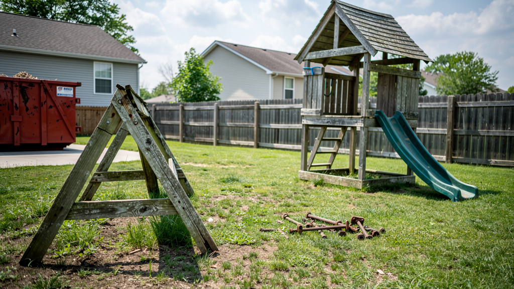Old wooden playset being disassembled in Columbus Ohio backyard