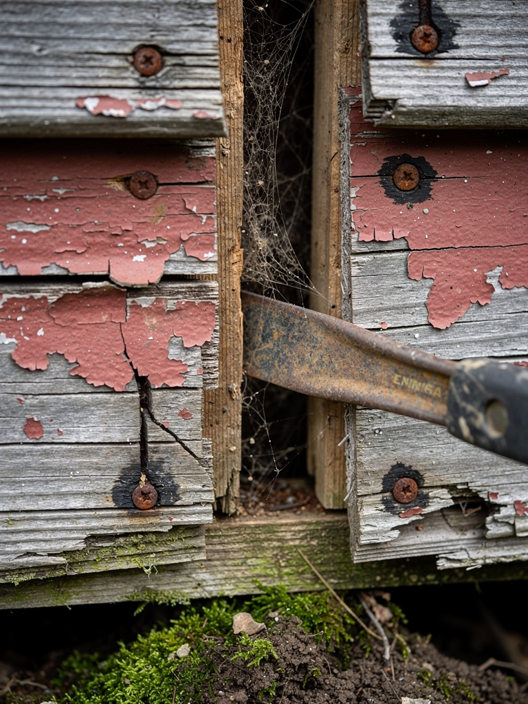 Shed demolition tools and debris