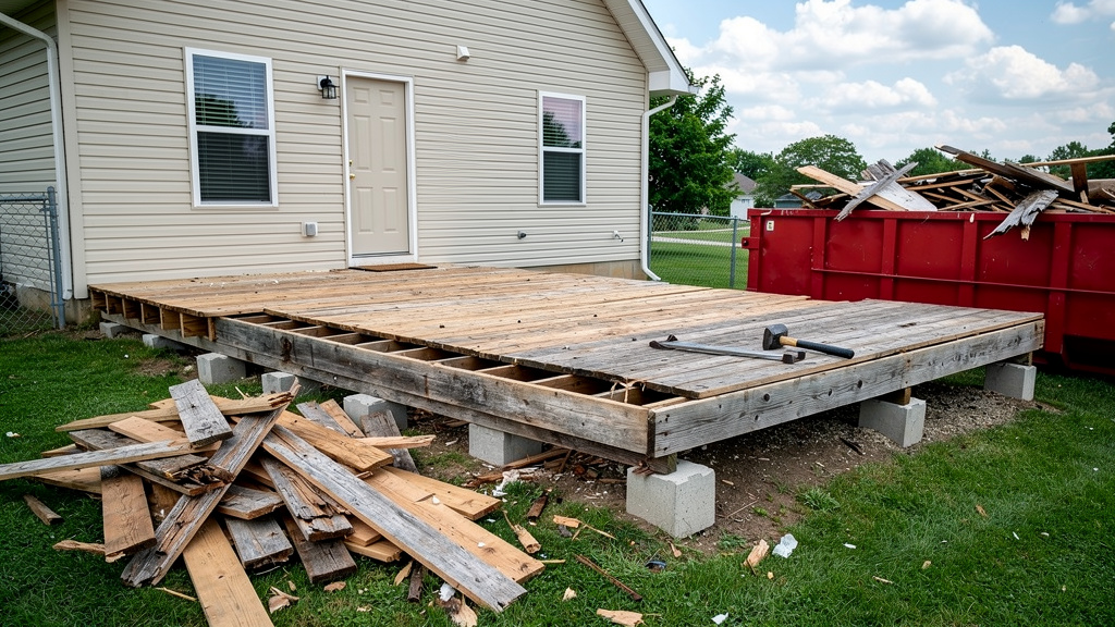 Old wooden deck being torn down in Columbus Ohio backyard