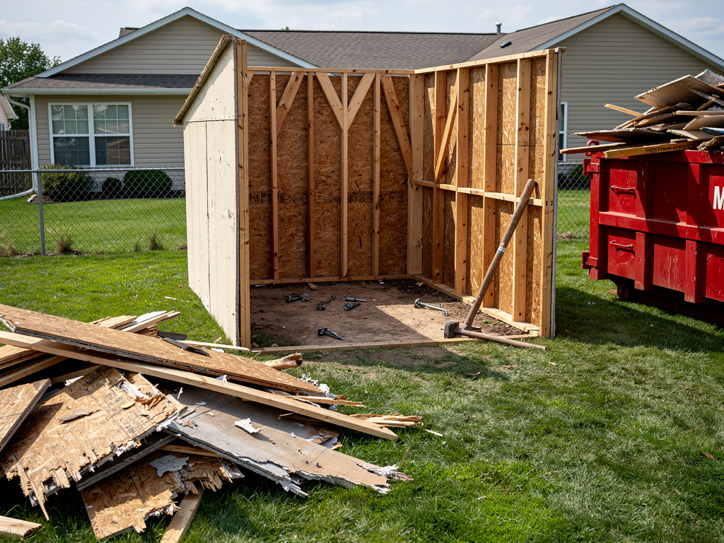 Shed being taken apart in suburban backyard