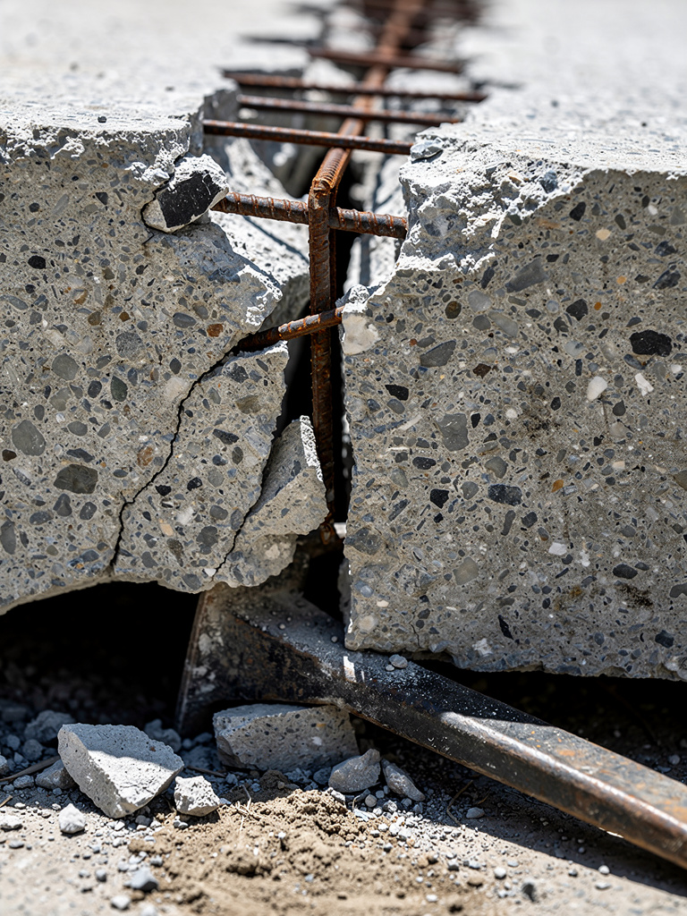 Broken concrete with exposed rebar