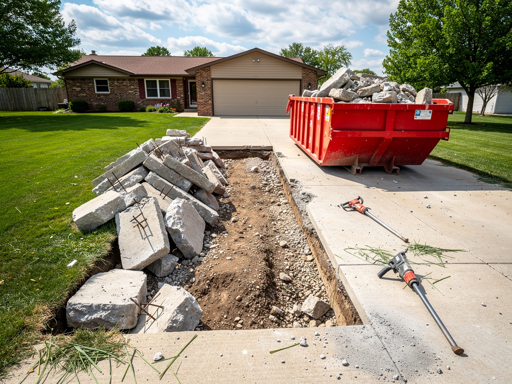 Concrete demolition in progress with heavy equipment