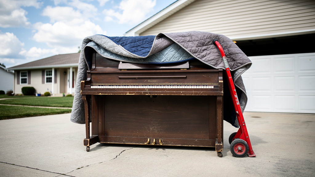 Upright piano on driveway ready for removal in Columbus Ohio