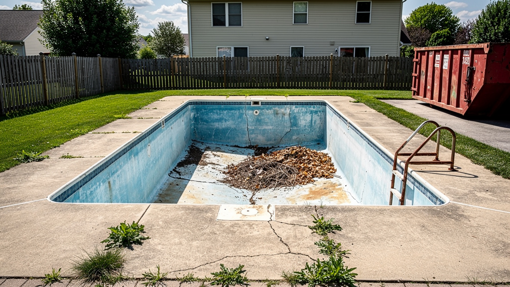 Drained empty inground pool with cracked concrete in Columbus Ohio backyard