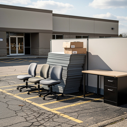 Office chairs and cubicle panels staged for removal in parking lot