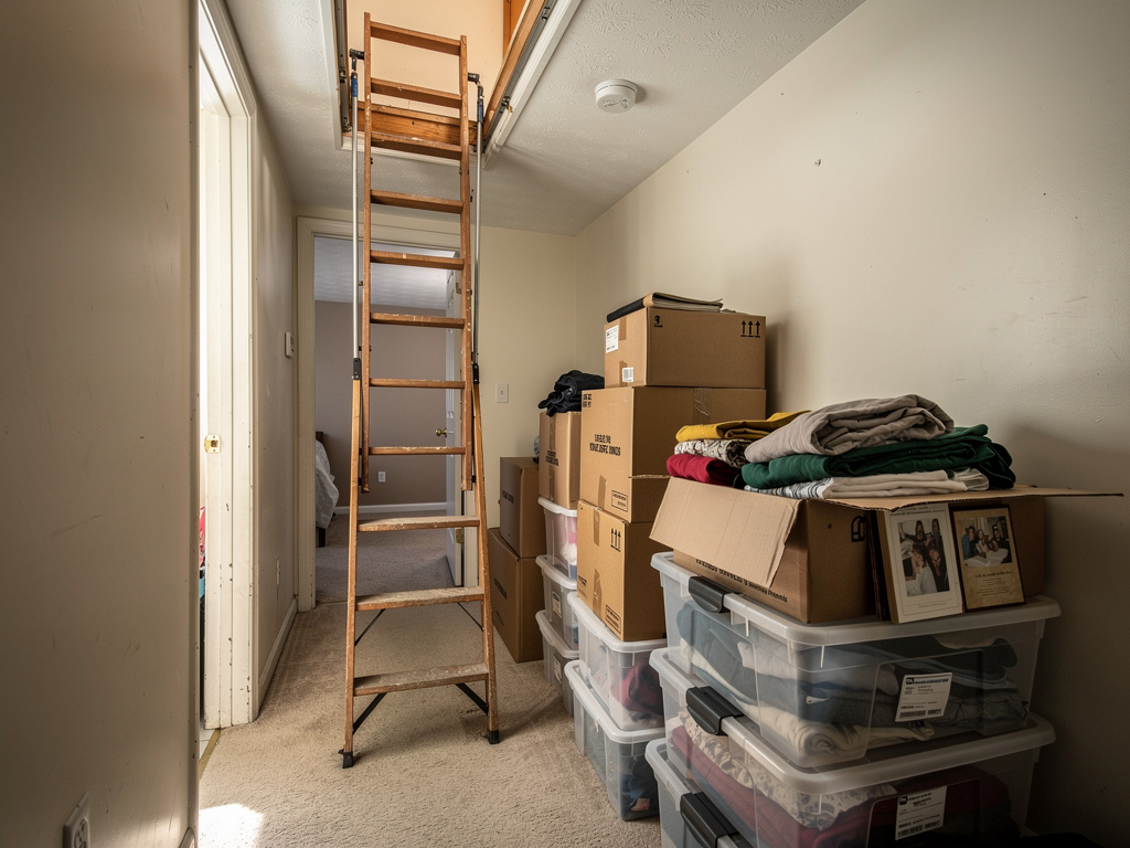 Boxes and totes brought down from attic into hallway during cleanout