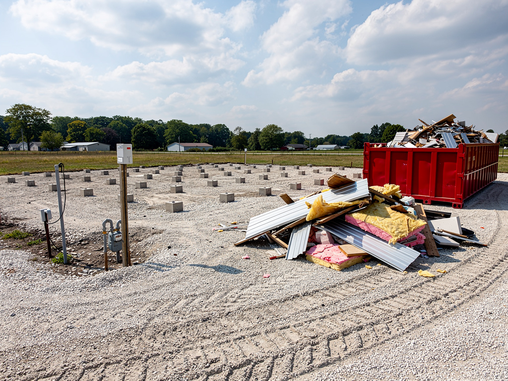 Cleared gravel lot after mobile home demolition with foundation piers visible