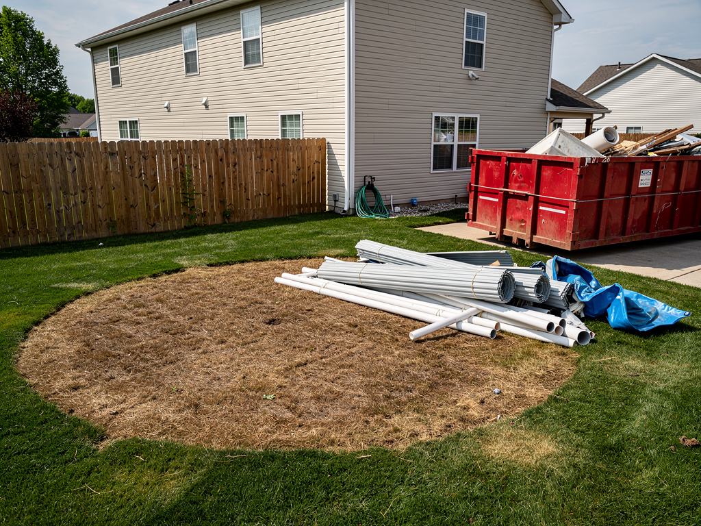 Backyard with dead grass ring where above-ground pool was removed