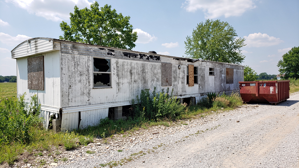 Abandoned single-wide mobile home on rural Ohio lot ready for demolition