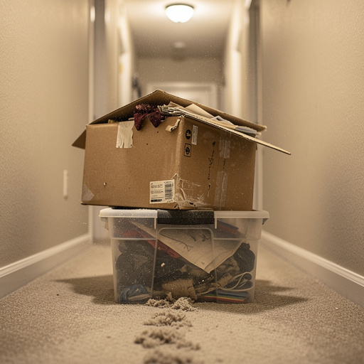 Dusty boxes brought down from attic during cleanout