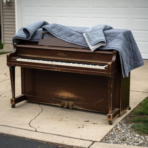Upright piano on driveway ready for removal