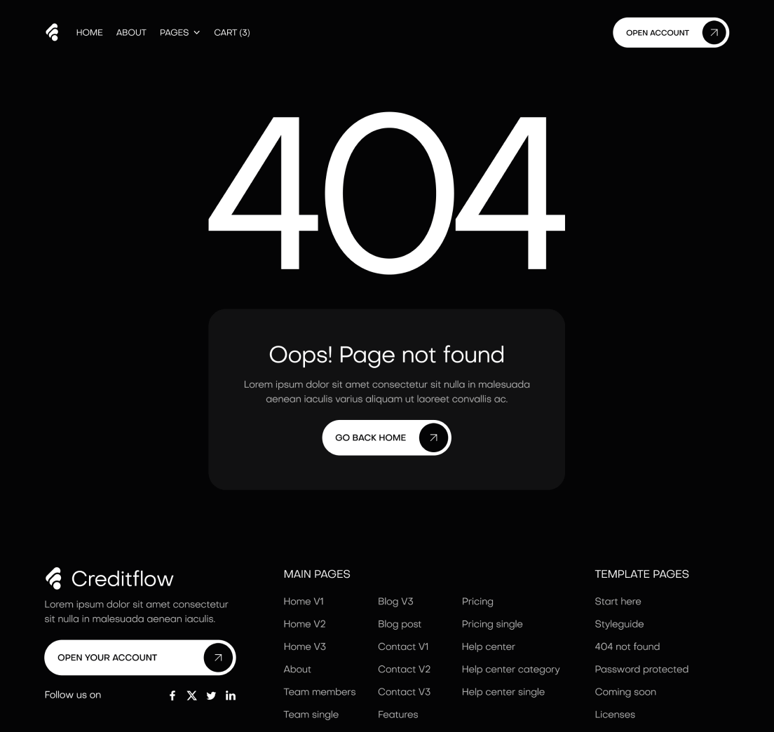 Creditflow - 404 Not Found Utility Page - Bank Webflow Template | BRIX Templates