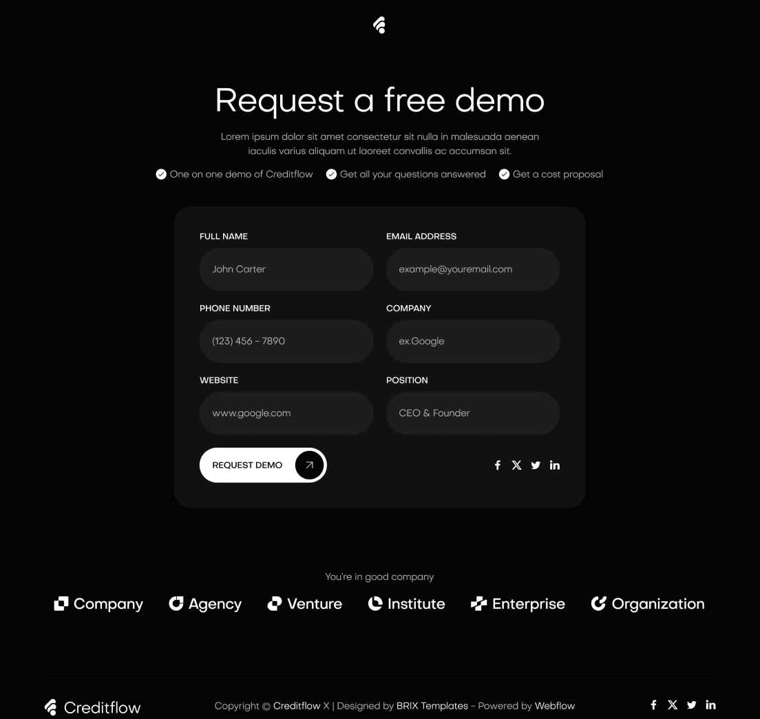 Creditflow - Request A Demo Utility Page - Bank Webflow Template | BRIX Templates
