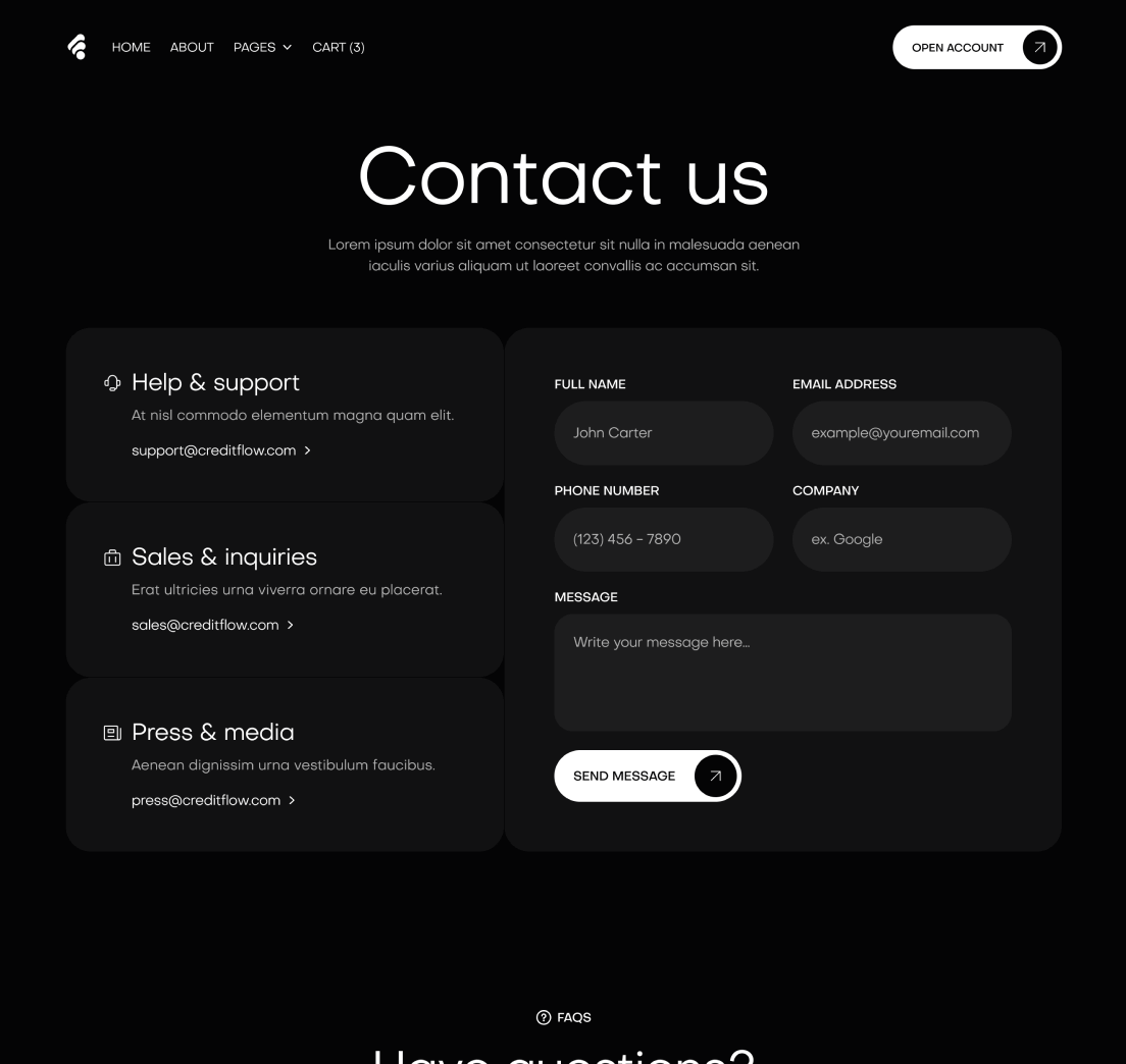 Creditflow - Contact V3 Page - Bank Webflow Template | BRIX Templates