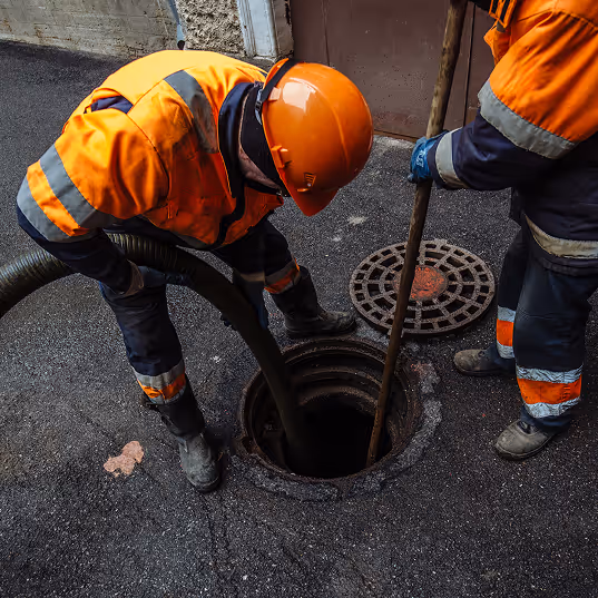 Pipe maintenance workers at a manhole