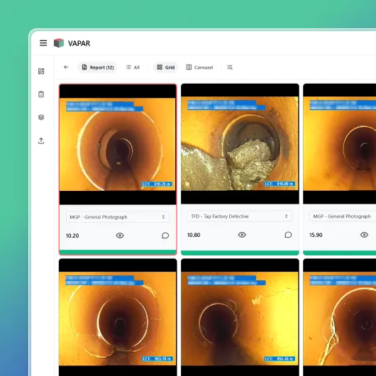 Vapar AI dashboard showing pipe defects