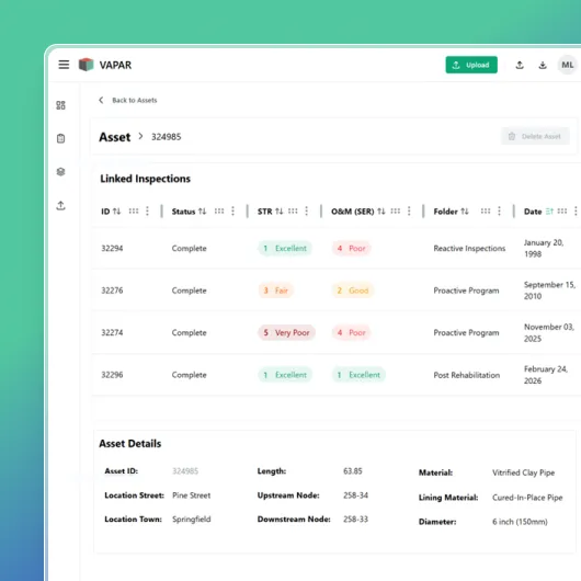 Vapar AI screen showing details of a pipe asset
