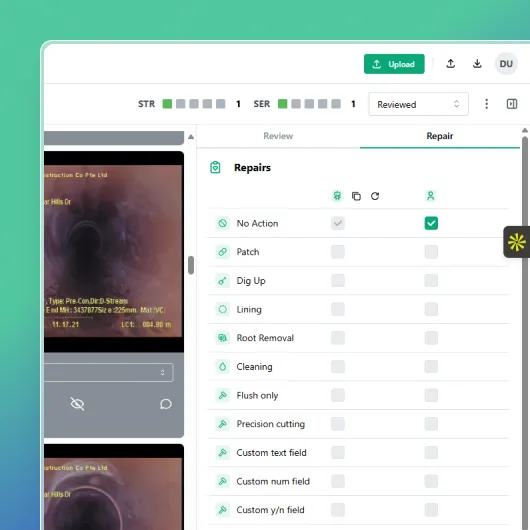 Vapar AI dashboard showing pipe defects