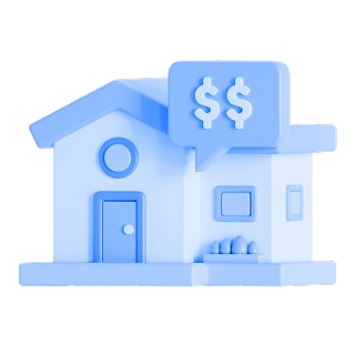 Blue 3D house icon with a speech bubble containing two dollar signs.