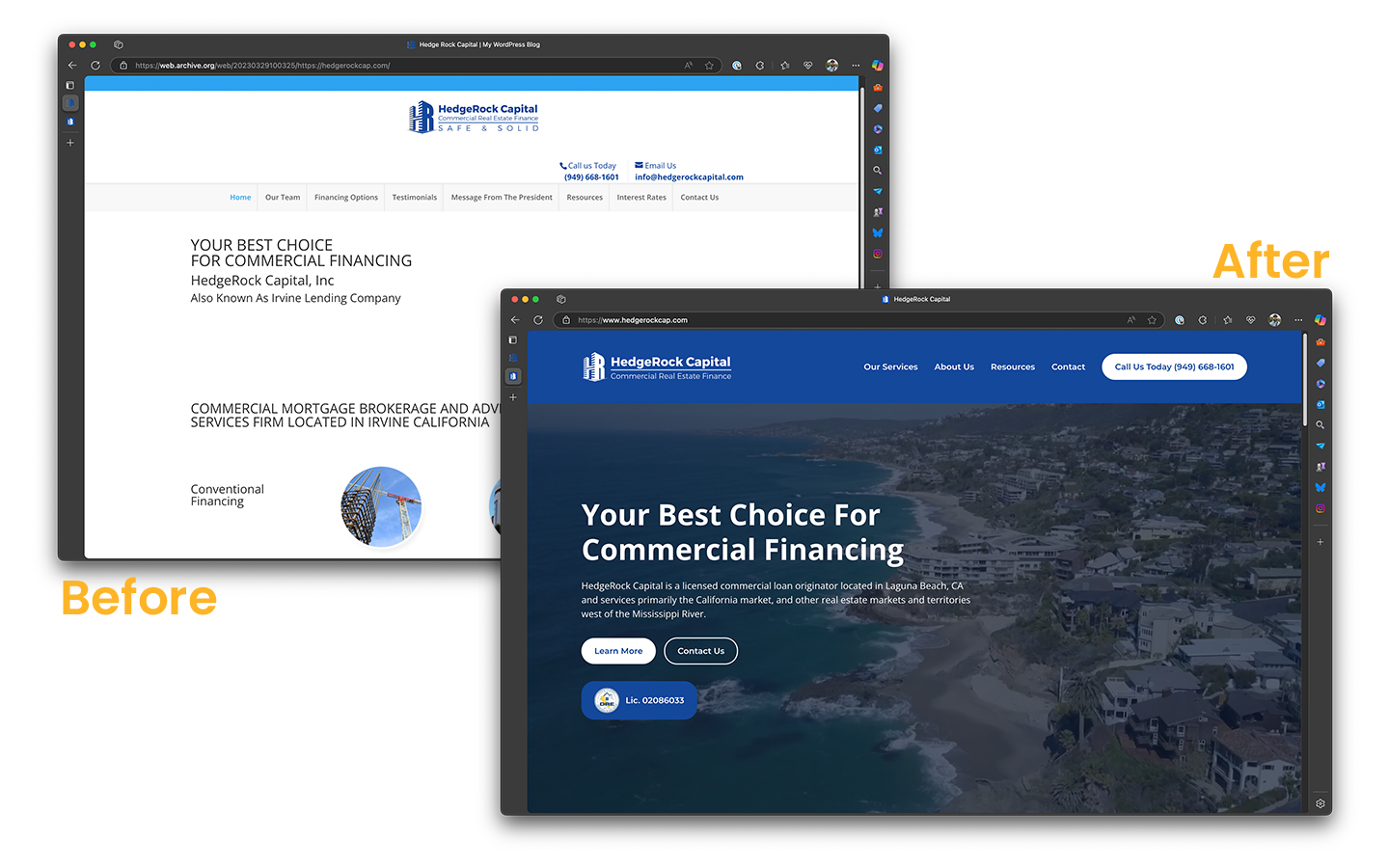 Before and After Comparison of HedgeRock Capital Website