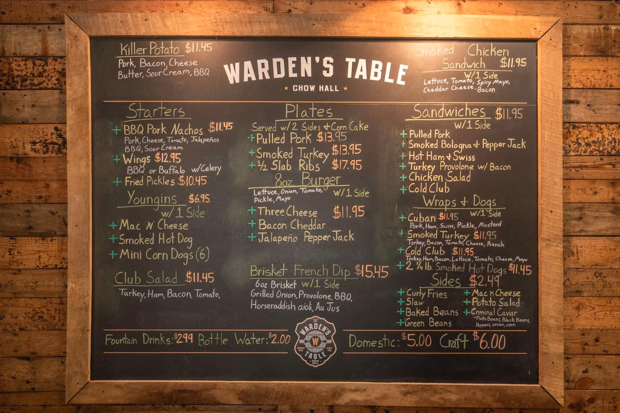 Chalkboard menu of Warden's Table featuring starters, youngins, club salad, plates with sides, sandwiches, wraps and dogs, sides, and drinks with prices.
