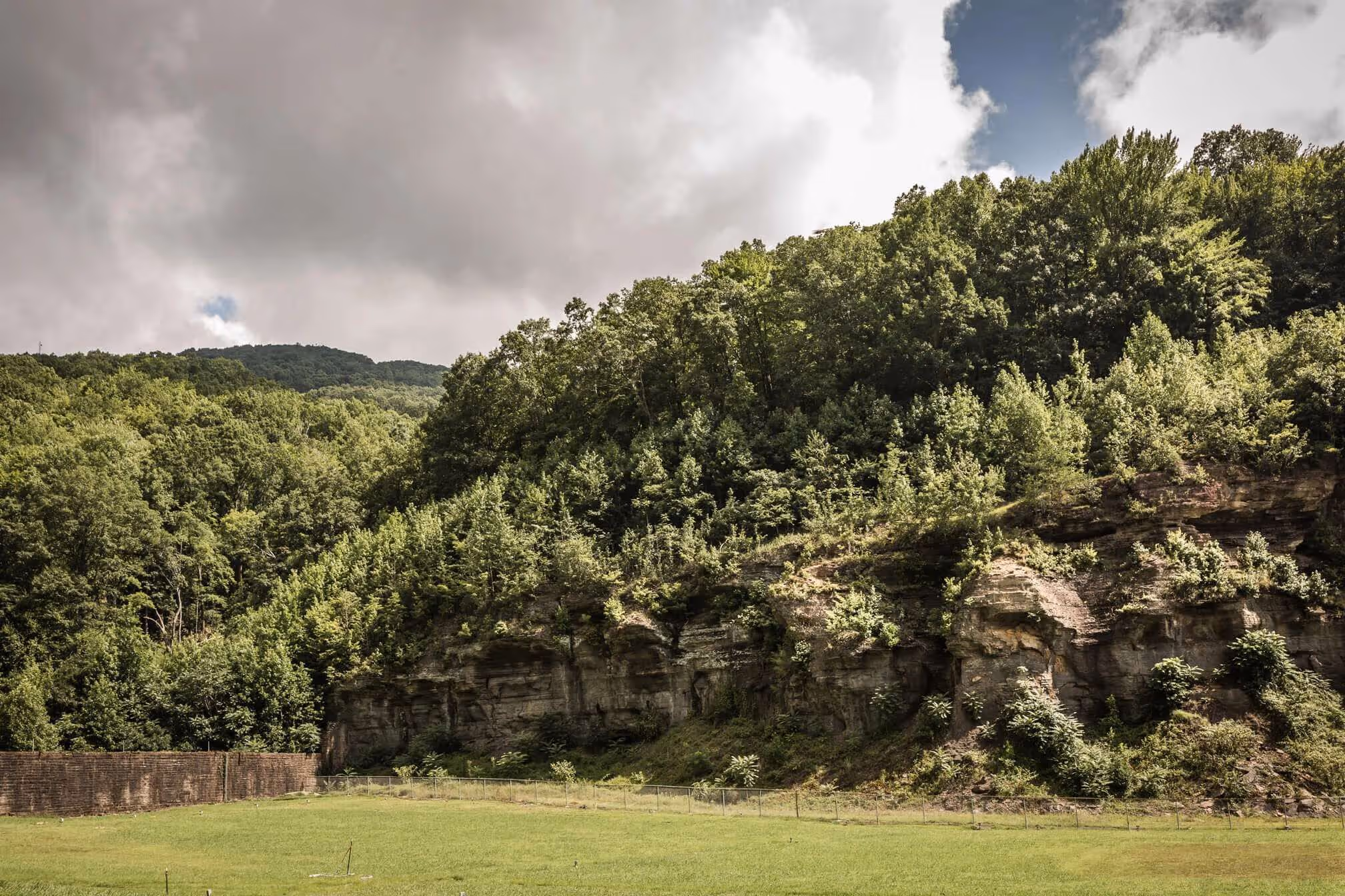 Green grassy field bordered by a fence in front of a rocky hillside covered with dense green trees under a cloudy sky.