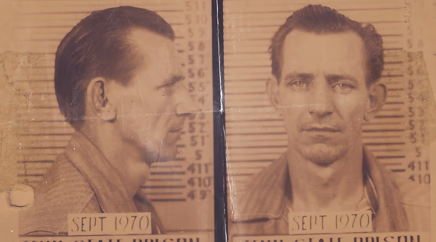 Sepia-toned police mugshot of a man in September 1970 showing front and profile views against a height chart.