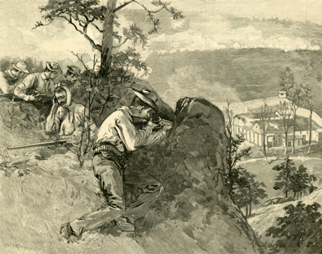 Black and white illustration of three men hiding behind rocks and trees while aiming rifles toward a distant building.