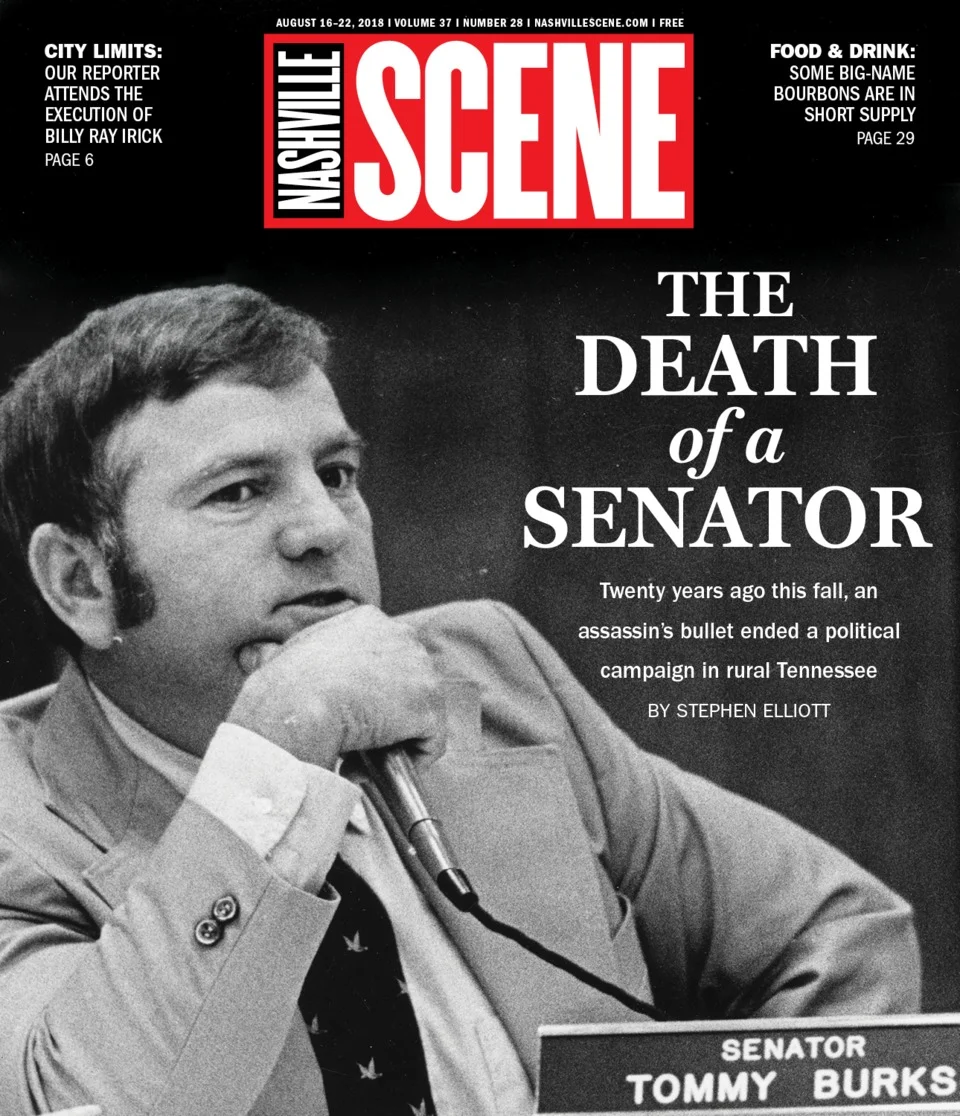 Black and white magazine cover with a photo of Senator Tommy Burks speaking into a microphone with the main headline "The Death of a Senator." The description below the headline reads "Twenty years ago this fall, an assassin's bullet ended a political campaign in rural Tennessee."