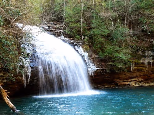 Waterfall cascading over rocks into a turquoise pool surrounded by forest.