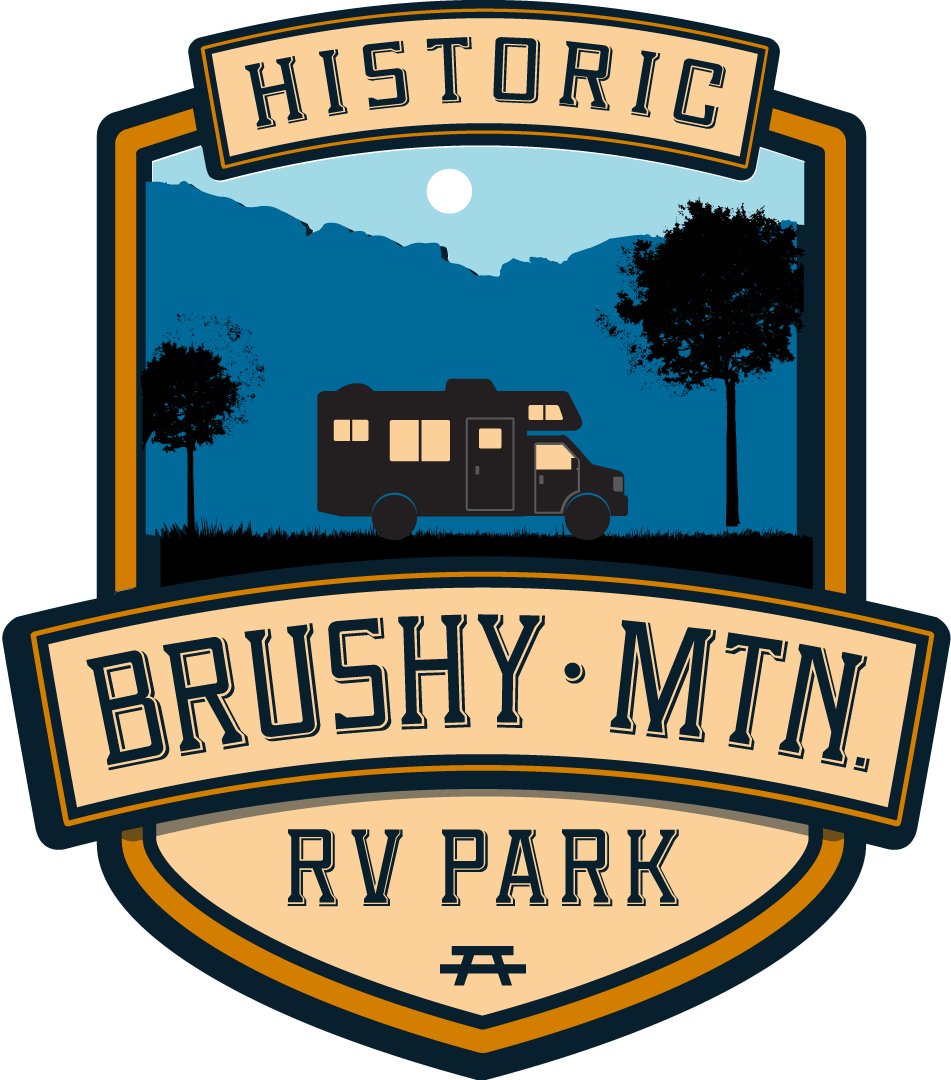 Logo for Historic Brushy Mountain RV Park with an RV silhouette against mountain and tree background under a moon.