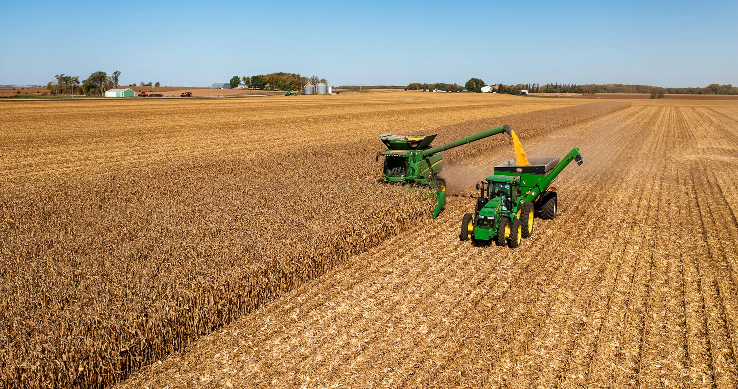 Ariel view of grain harvesting.