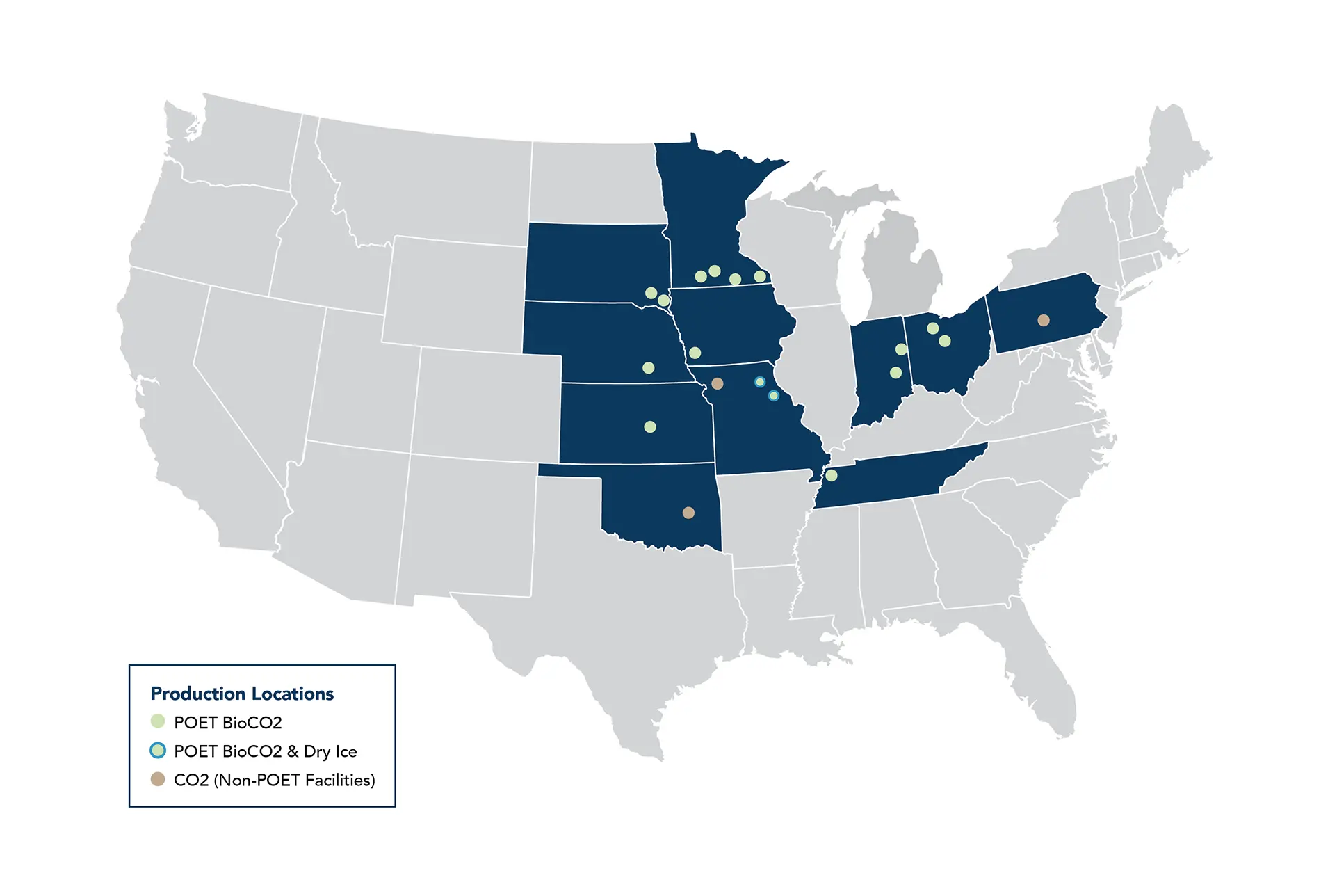 United States map of POET BioCO2 and dry ice production locations.